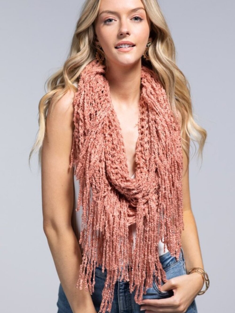 Soft Net Boucle Infinity Scarf with Yarn Fringe